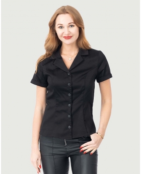 Fit & Flare Solid Black Button Up Top W/ Button & Short Sleeves