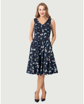 Fit & Flare Night Blue Butterfly Print Dress w/ Pocket, V-Neck in Front & Back with Full Skirt-4X