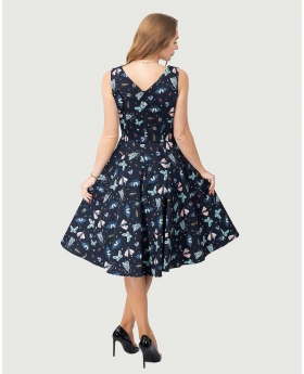 Fit & Flare Night Blue Butterfly Print Dress w/ Pocket, V-Neck in Front & Back with Full Skirt