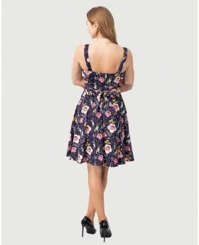 Sleeveless Fit & Flare Fold Over Neck Women Dress With Pocket in Carnivorous Plant Print
