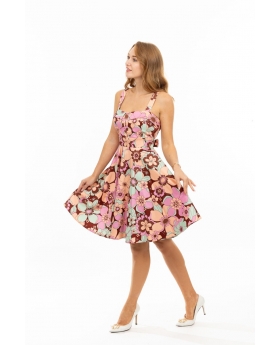 Fold-Over Fit and Flare Dress in Floral Pink/ Green Padded Bust with Pocket | Eva Rose Clothing