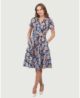 Shirt dress with pocket and belt in Navy/White Daisy Print