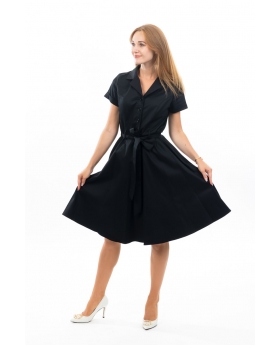 Fit & Flare Short Sleeve Shirt Dress With Full Skirt & Pocket & Belt 