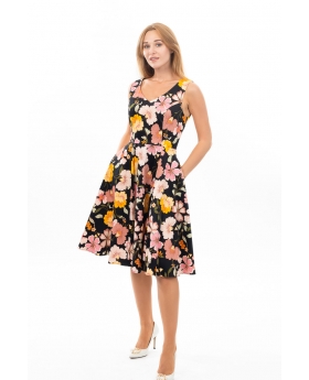 V-Neck Fit & Flare Sleeveless Floral Women Dress W/ Pocket & Full Skirt