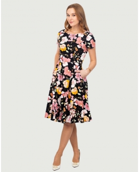 Round neck dress with pocket and cap sleeve in Gold /Pink Floral