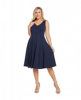 Fit & Flare Solid Color Dress, V-Neck in Front & Back with Full Skirt-ER3915 S
