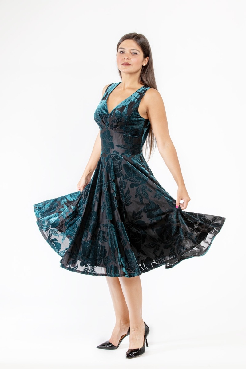 Pleated Bust Dress, Fully Lined, Burnout Hunter Velvet V Neck - Eva Rose  Clothing