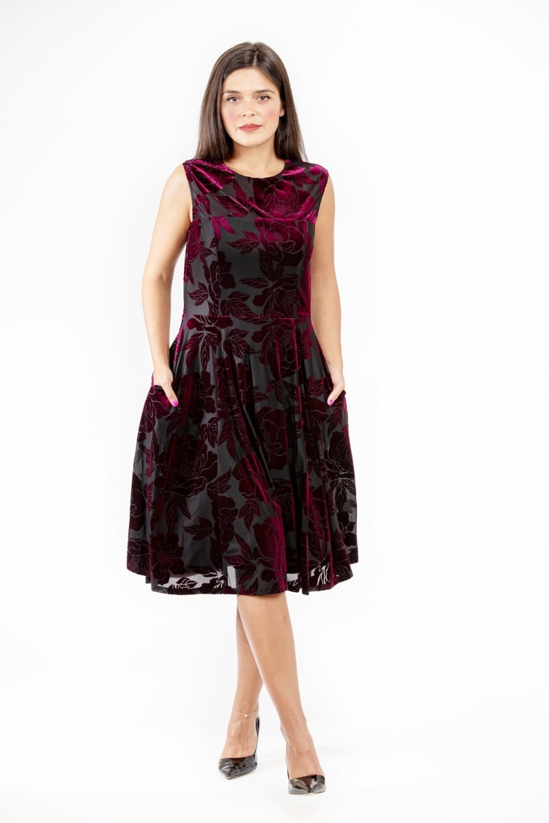 Boat Neck Fit & flare Dress, Burnout Velvet, Burgundy Color, Fully Lined -  Eva Rose Clothing