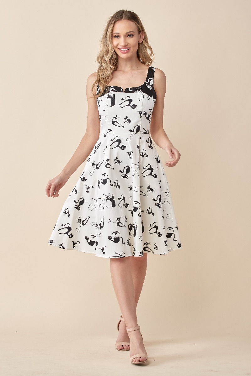Fit and Flare Women Dress with Contrast, Cat Print with Pocket