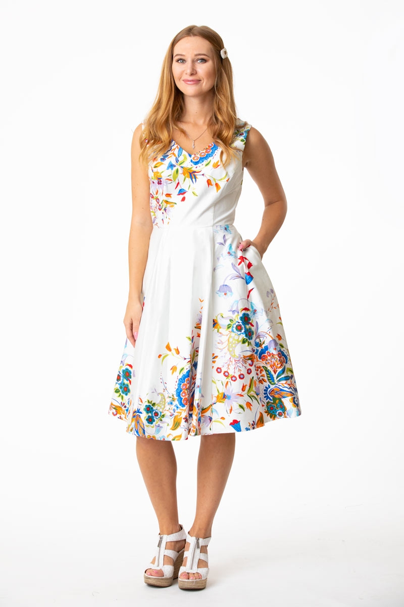 V-neck Fit & Flare White Floral Dress, Sleeveless - ER3915 DBL WTE