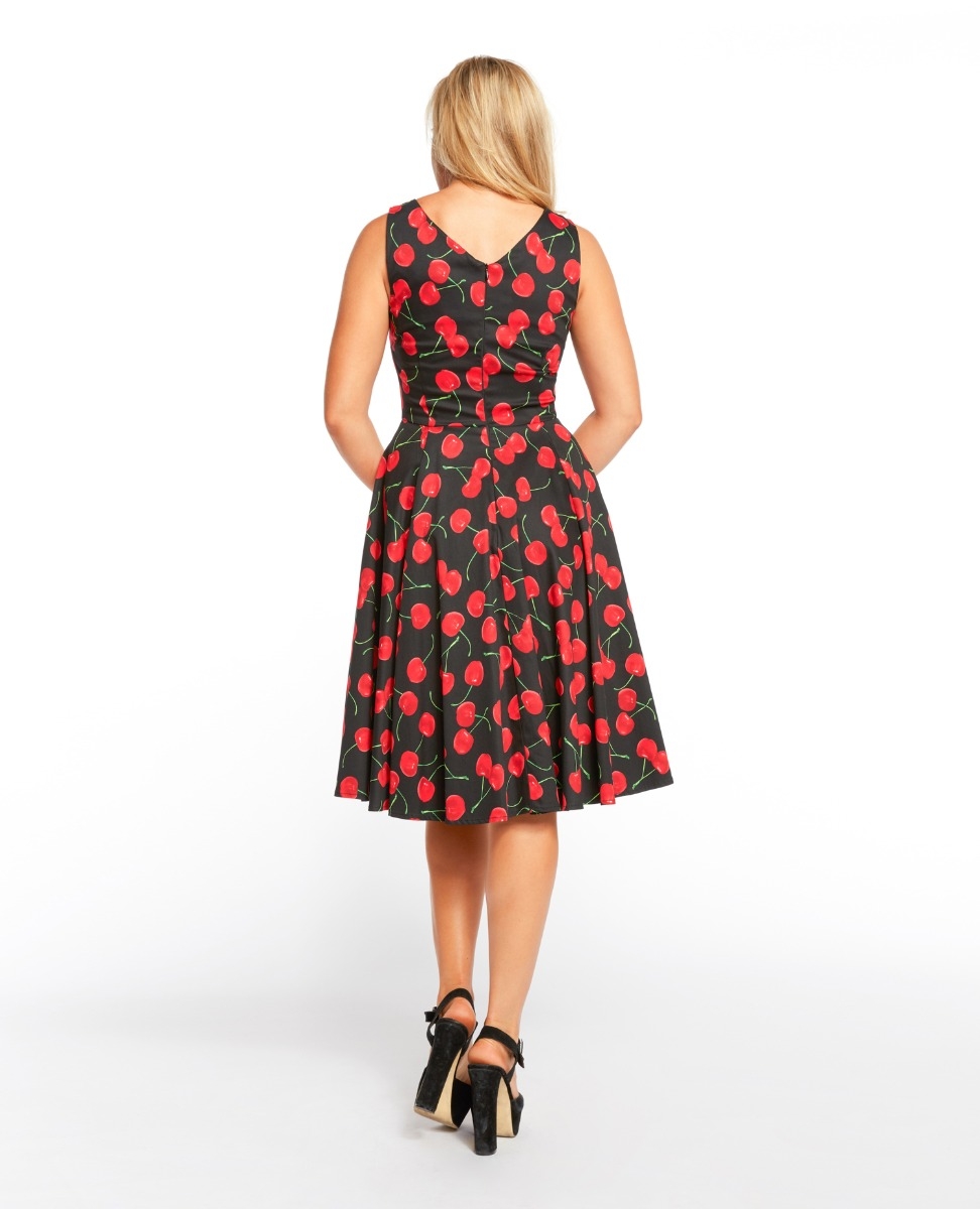 Fit & Flare Cherry Print Dress, V-Neck in Front & Back with Full ...
