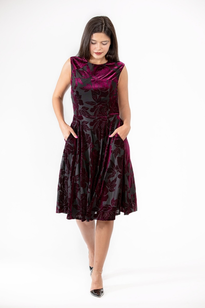 Boat Neck Fit & flare Dress, Burnout Velvet, Burgundy Color, Fully Lined -  Eva Rose Clothing