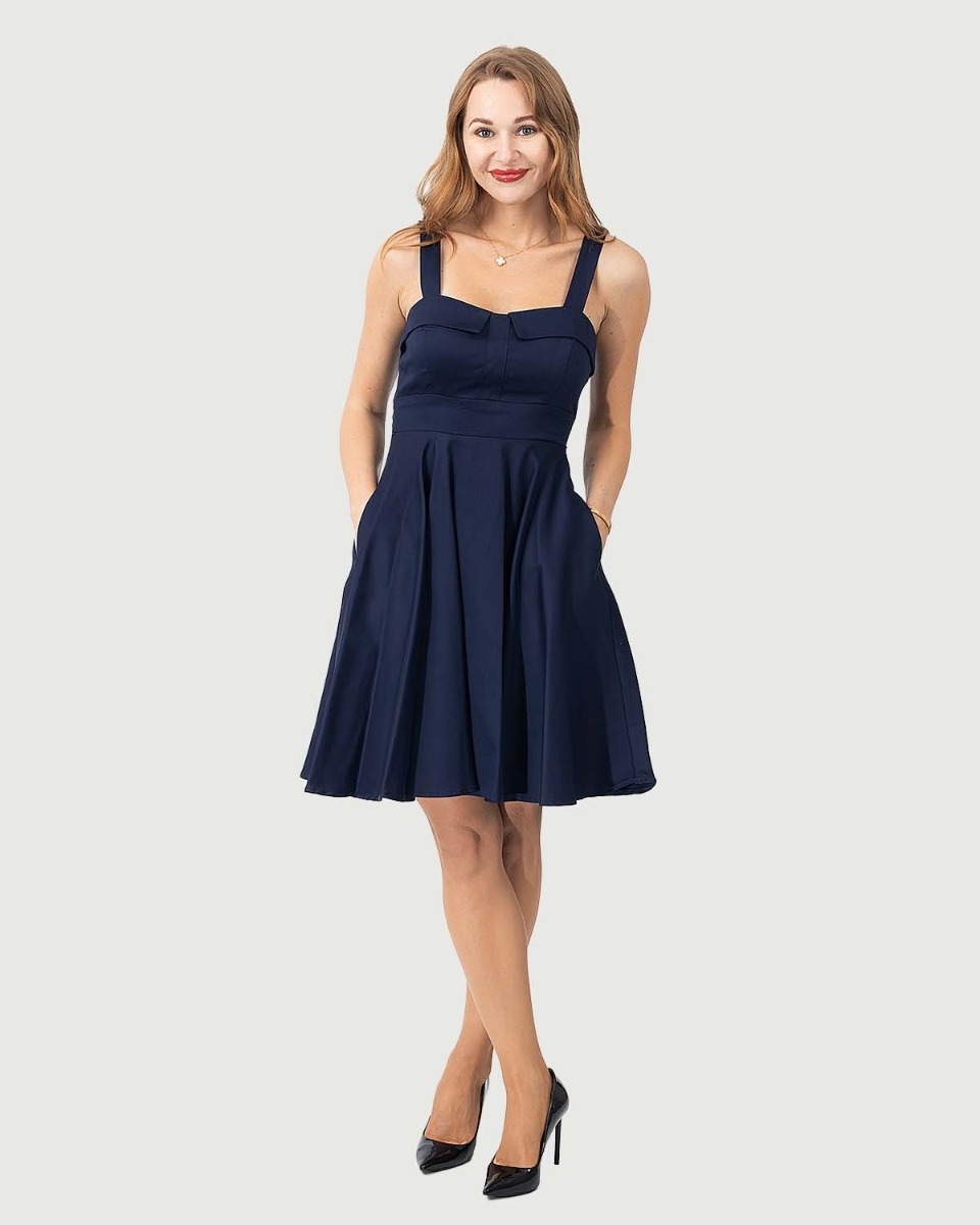 Sleeveless Fit & Flare Fold Over Women Dress in Solid Navy