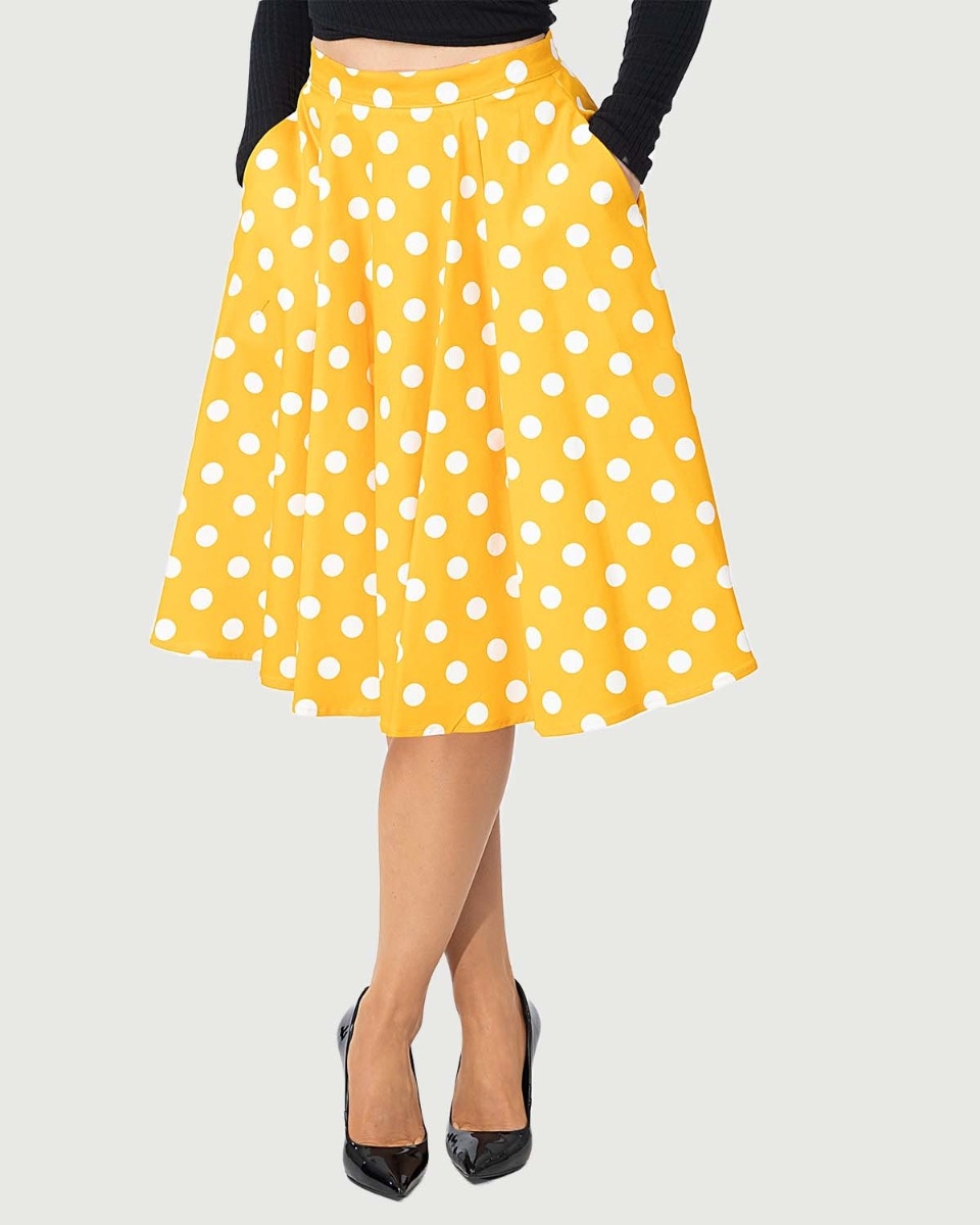 Fit & Flare Yellow Polka Dot Print Skirt Pocket | EvaRose