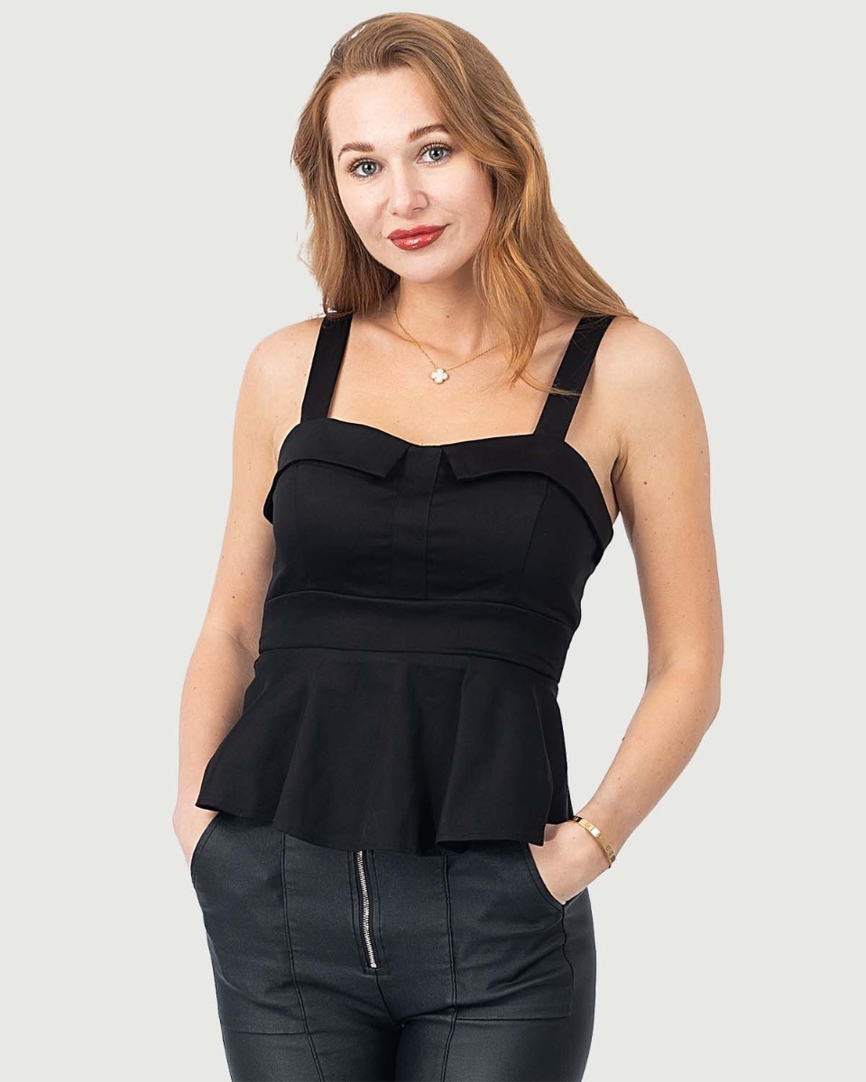 Foldover Sleeveless Top Bra-Cup & Back Belt in Solid Black