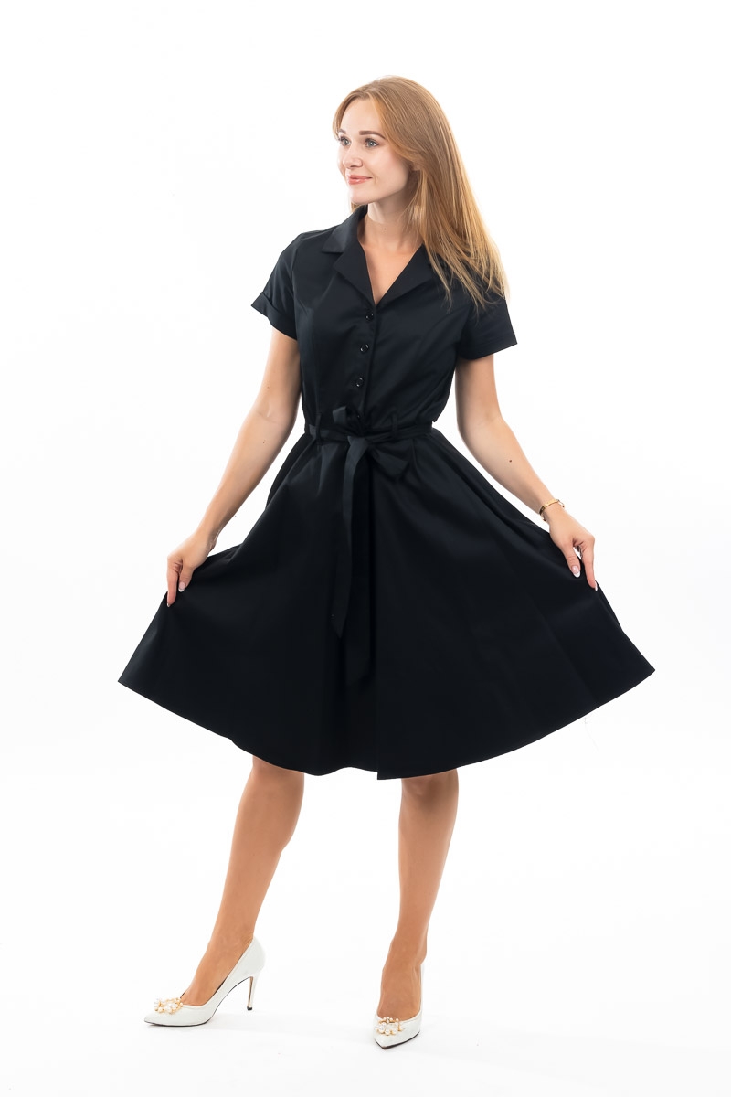 Fit & Flare Short Sleeve Shirt Dress Full Skirt & Pocket & Belt