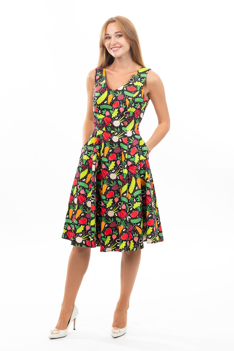 V-Neck Sleeveless Fit & Flare Floral Dress, Pocket & Full Skirt