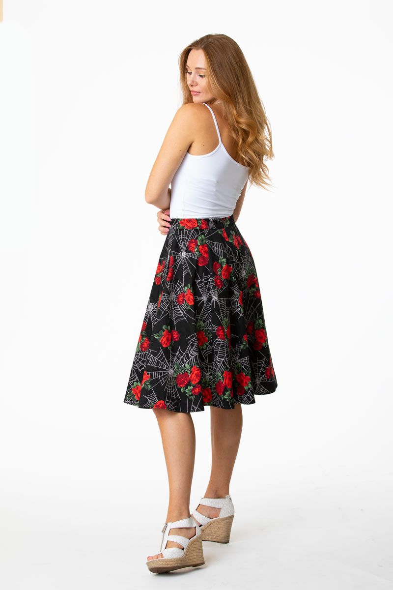 Black and Red Rose with Web Full Skirt with Pocket