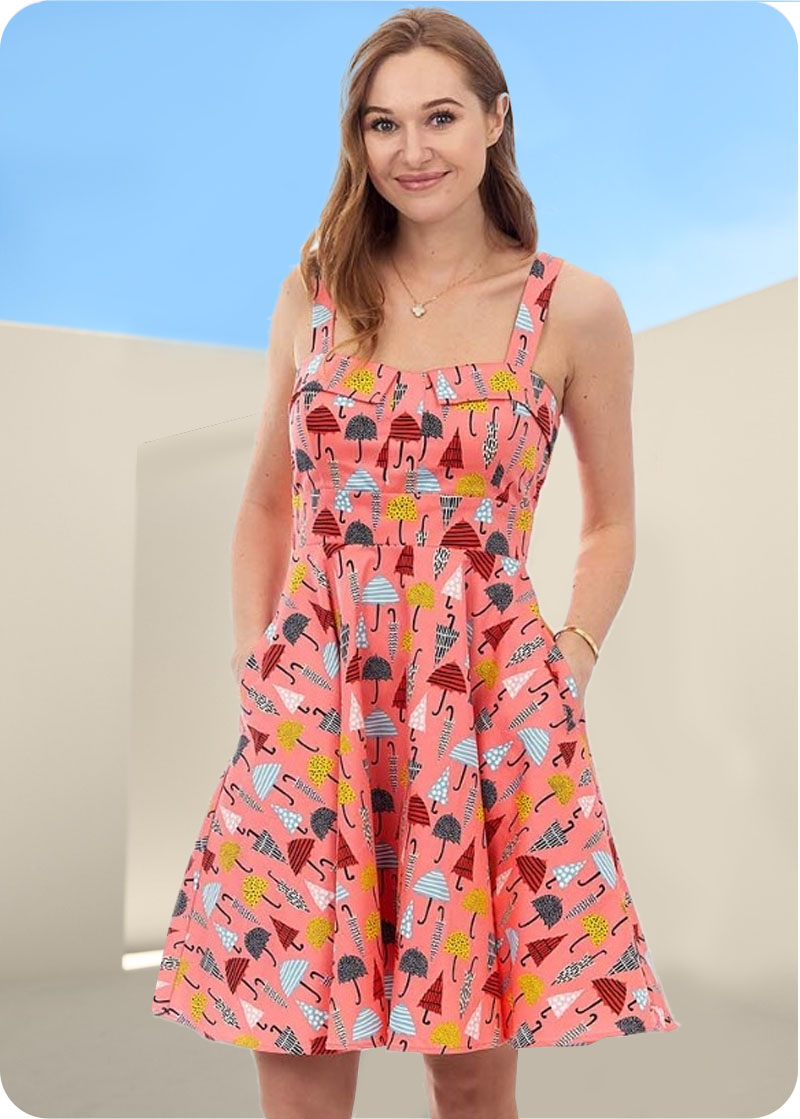 Fold over dress with pocket and belt in Umbrella Print