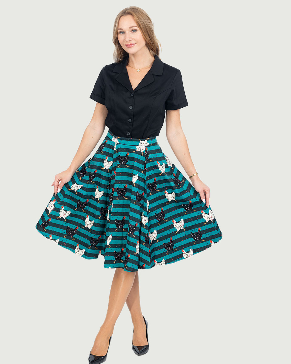 Skirt in Fit & Flare Style, Chicken Hen Print W/ Pocket & Back Zipper